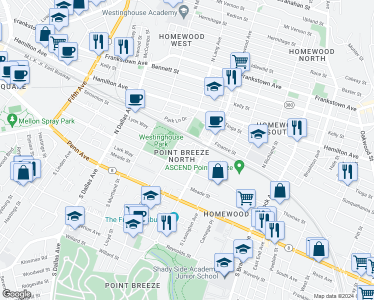 map of restaurants, bars, coffee shops, grocery stores, and more near 7125 McPherson Boulevard in Pittsburgh