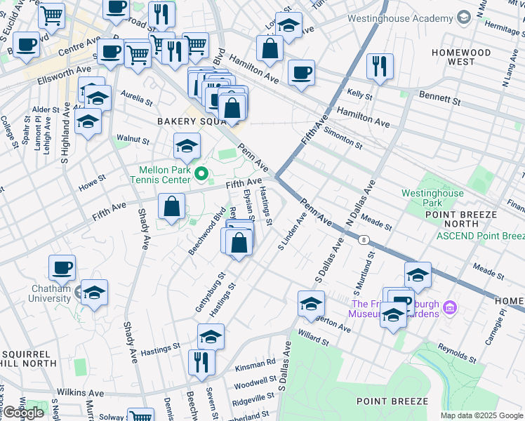 map of restaurants, bars, coffee shops, grocery stores, and more near 218 Hastings Street in Pittsburgh