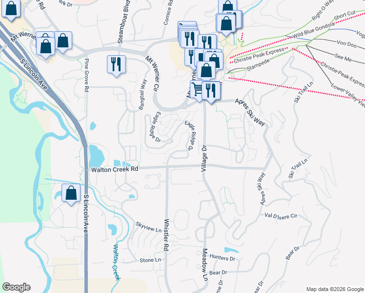 map of restaurants, bars, coffee shops, grocery stores, and more near 1505 Cascade Drive in Steamboat Springs