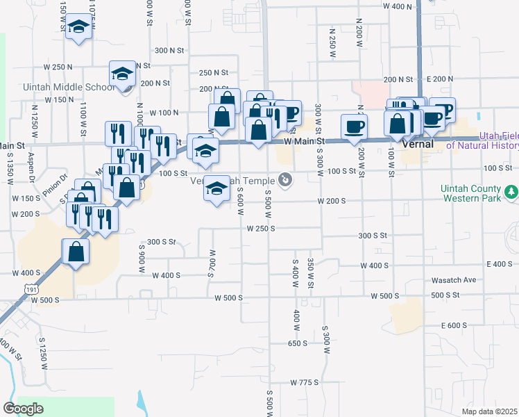 map of restaurants, bars, coffee shops, grocery stores, and more near 539 West 200 South in Vernal