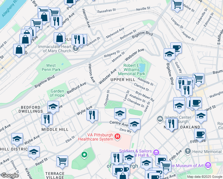map of restaurants, bars, coffee shops, grocery stores, and more near 652 Bryn Mawr Road in Pittsburgh