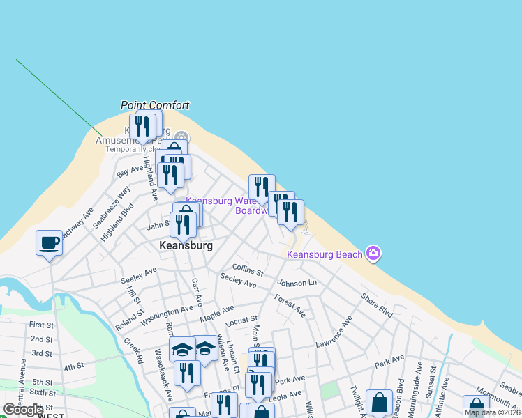 map of restaurants, bars, coffee shops, grocery stores, and more near 13 Pine View Avenue in Keansburg