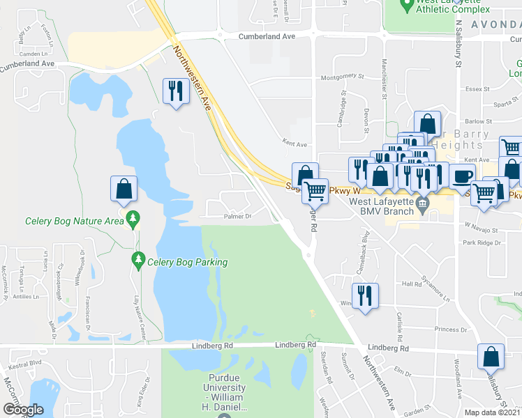 map of restaurants, bars, coffee shops, grocery stores, and more near 1305 Palmer Drive in West Lafayette