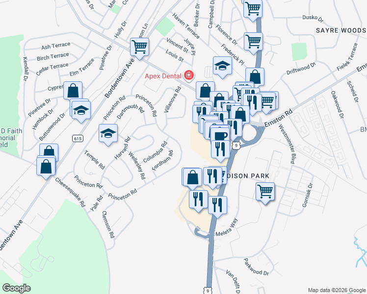 map of restaurants, bars, coffee shops, grocery stores, and more near 149 Princeton Road in Old Bridge