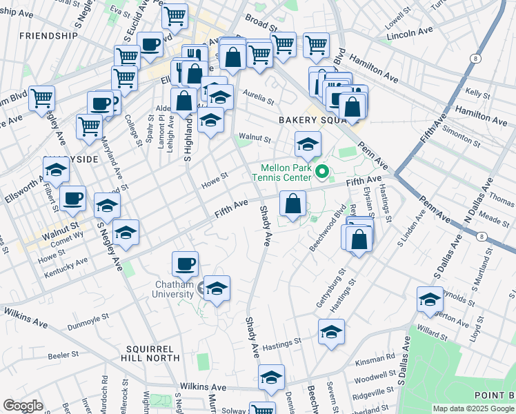 map of restaurants, bars, coffee shops, grocery stores, and more near 6224 Fifth Avenue in Pittsburgh