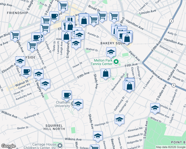 map of restaurants, bars, coffee shops, grocery stores, and more near 6236 Fifth Avenue in Pittsburgh