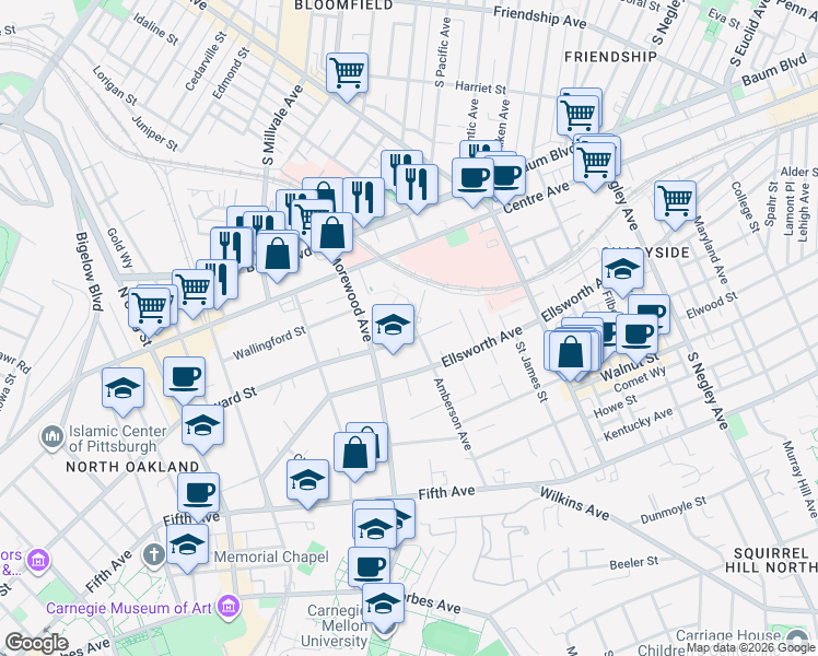 map of restaurants, bars, coffee shops, grocery stores, and more near 5 Bayard Road in Pittsburgh