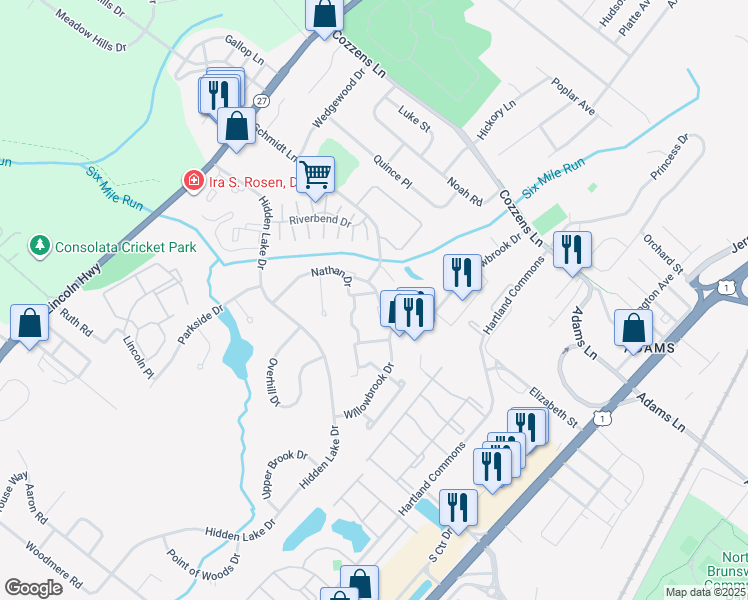 map of restaurants, bars, coffee shops, grocery stores, and more near 223 Nathan Drive in North Brunswick Township