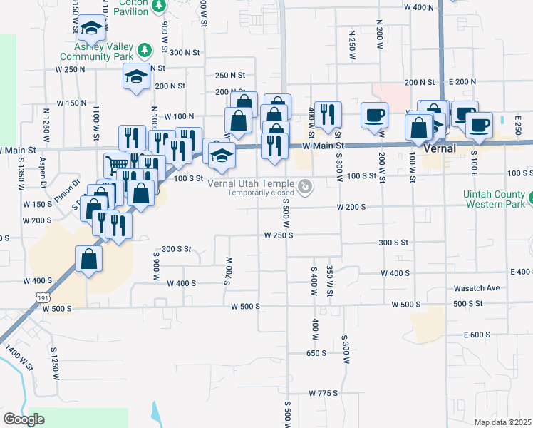 map of restaurants, bars, coffee shops, grocery stores, and more near 575 West 200 South in Vernal