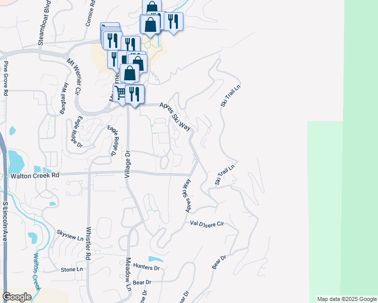 map of restaurants, bars, coffee shops, grocery stores, and more near 2617 Apres Ski Way in Steamboat Springs
