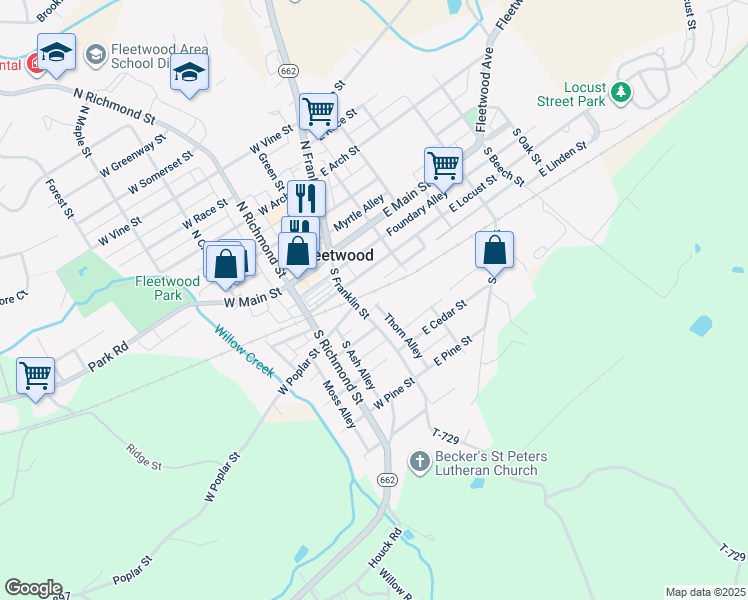 map of restaurants, bars, coffee shops, grocery stores, and more near 139A South Franklin Street in Fleetwood