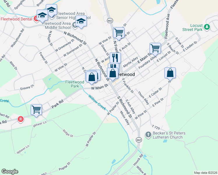 map of restaurants, bars, coffee shops, grocery stores, and more near 118 West Main Street in Fleetwood