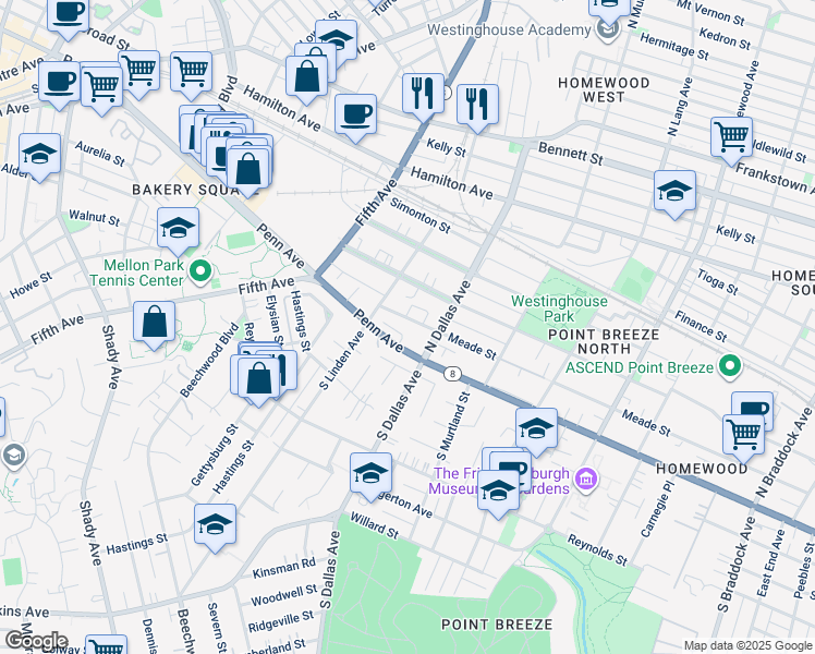 map of restaurants, bars, coffee shops, grocery stores, and more near 6829 Pennsylvania 8 in Pittsburgh