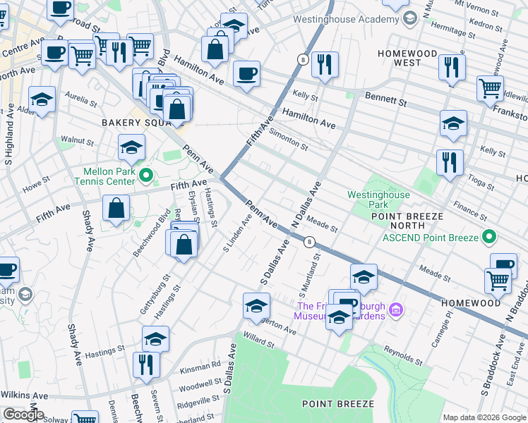 map of restaurants, bars, coffee shops, grocery stores, and more near 6829 Pennsylvania 8 in Pittsburgh