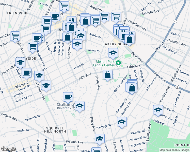 map of restaurants, bars, coffee shops, grocery stores, and more near 6224 Fifth Avenue in Pittsburgh
