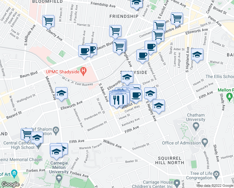 map of restaurants, bars, coffee shops, grocery stores, and more near 705 Copeland Street in Pittsburgh