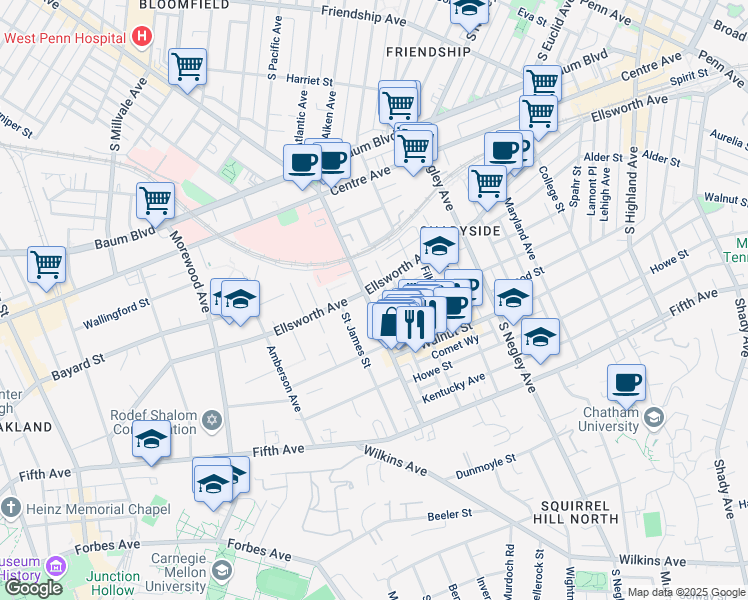map of restaurants, bars, coffee shops, grocery stores, and more near 624 South Aiken Avenue in Pittsburgh