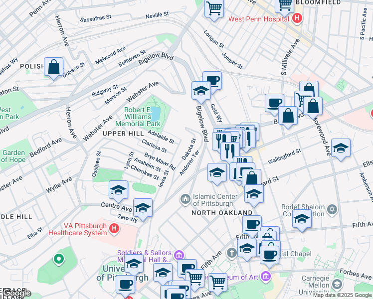map of restaurants, bars, coffee shops, grocery stores, and more near 4307 Dakota Street in Pittsburgh