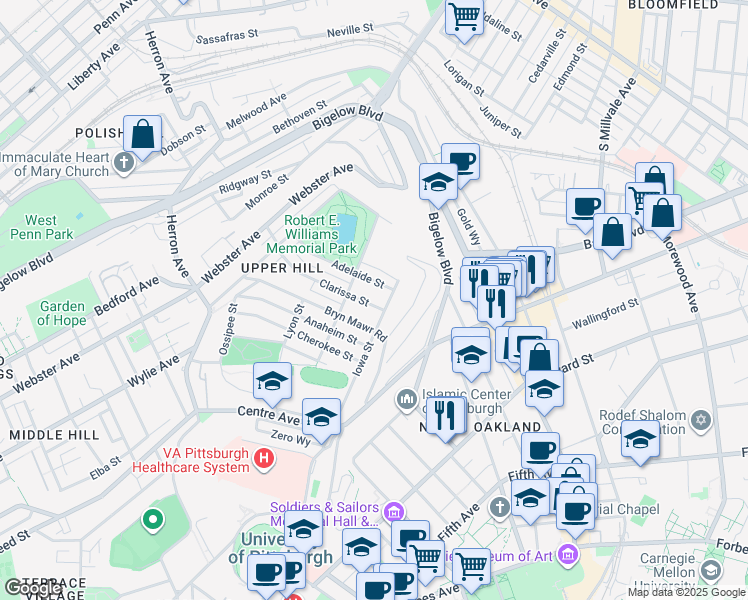 map of restaurants, bars, coffee shops, grocery stores, and more near 928 Clarissa Street in Pittsburgh