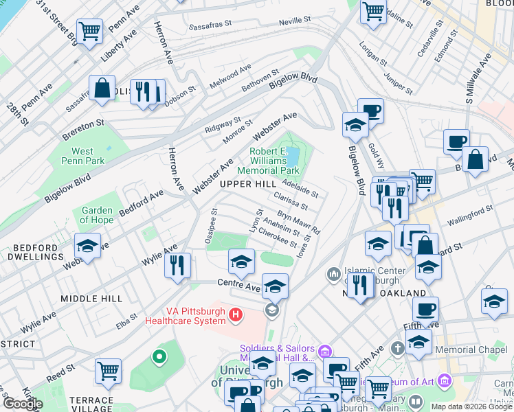 map of restaurants, bars, coffee shops, grocery stores, and more near 801 Anaheim Street in Pittsburgh