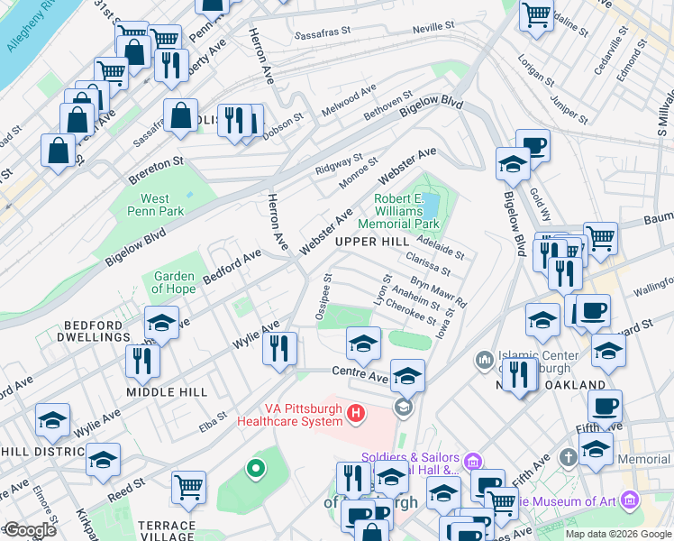 map of restaurants, bars, coffee shops, grocery stores, and more near 652 Bryn Mawr Road in Pittsburgh