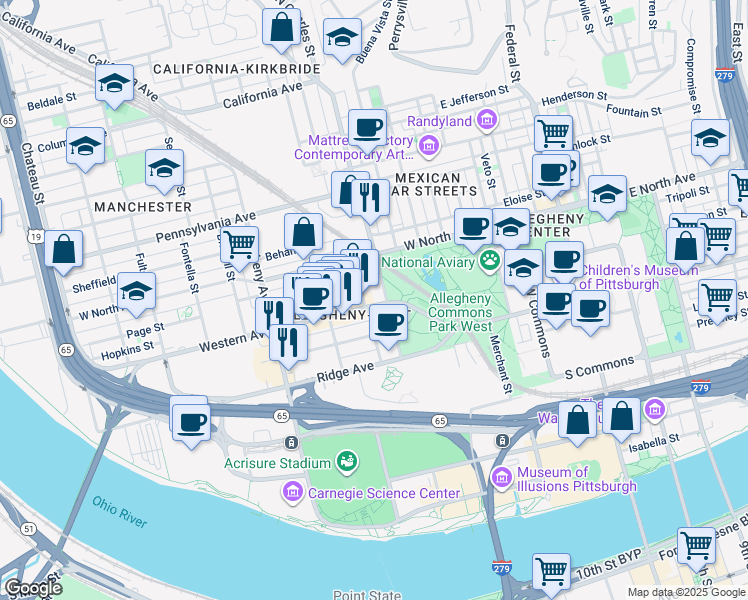 map of restaurants, bars, coffee shops, grocery stores, and more near 801 Western Avenue in Pittsburgh