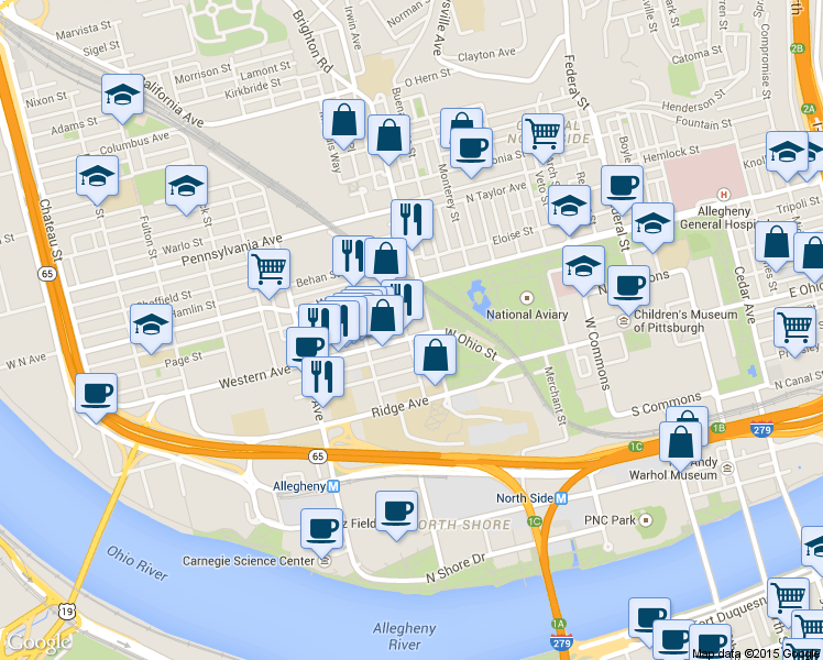 map of restaurants, bars, coffee shops, grocery stores, and more near 801 Western Avenue in Pittsburgh