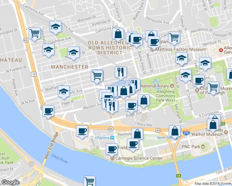 map of restaurants, bars, coffee shops, grocery stores, and more near 922 Western Avenue in Pittsburgh