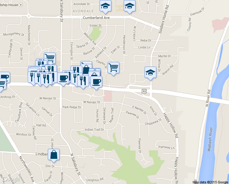 map of restaurants, bars, coffee shops, grocery stores, and more near 160 West Navajo Street in West Lafayette