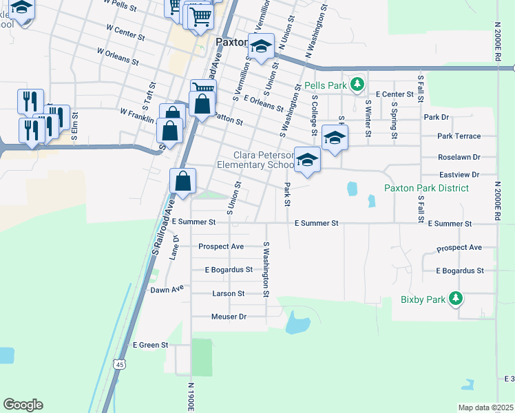 map of restaurants, bars, coffee shops, grocery stores, and more near 450 East Fulton Street in Paxton