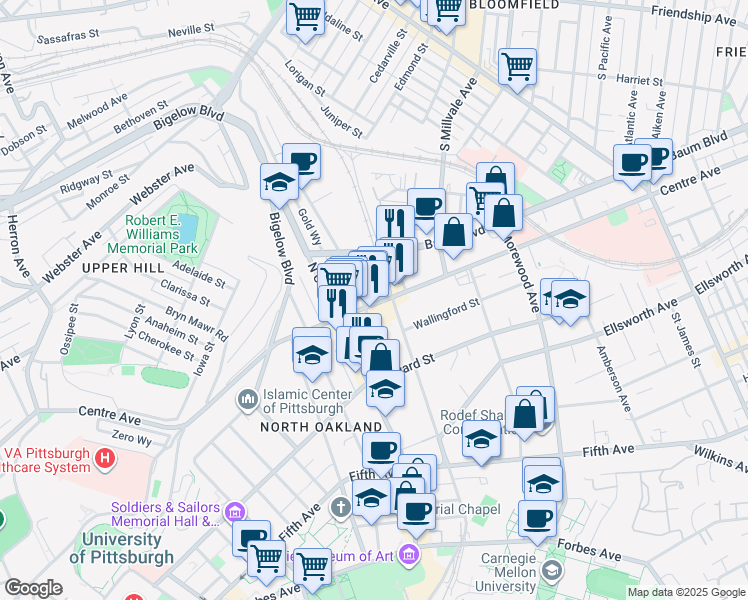 map of restaurants, bars, coffee shops, grocery stores, and more near in Pittsburgh