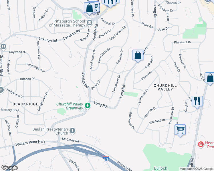 map of restaurants, bars, coffee shops, grocery stores, and more near 804 Veronica Drive in Pittsburgh