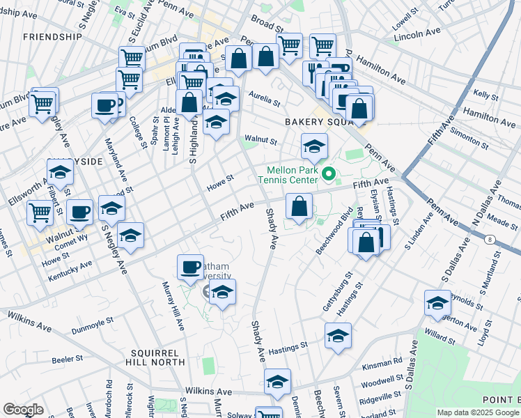 map of restaurants, bars, coffee shops, grocery stores, and more near 6230 Fifth Avenue in Pittsburgh