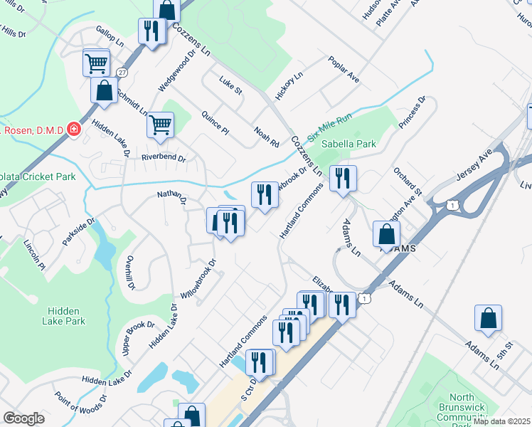 map of restaurants, bars, coffee shops, grocery stores, and more near 15 Towne Center Drive in North Brunswick Township