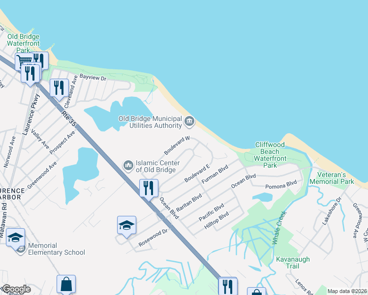 map of restaurants, bars, coffee shops, grocery stores, and more near 45 Woodshore West in Keyport