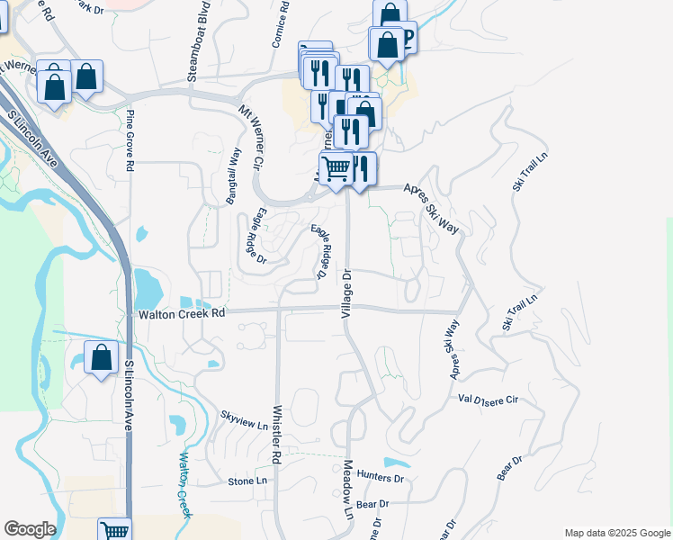 map of restaurants, bars, coffee shops, grocery stores, and more near 2907 Blackhawk Court in Steamboat Springs