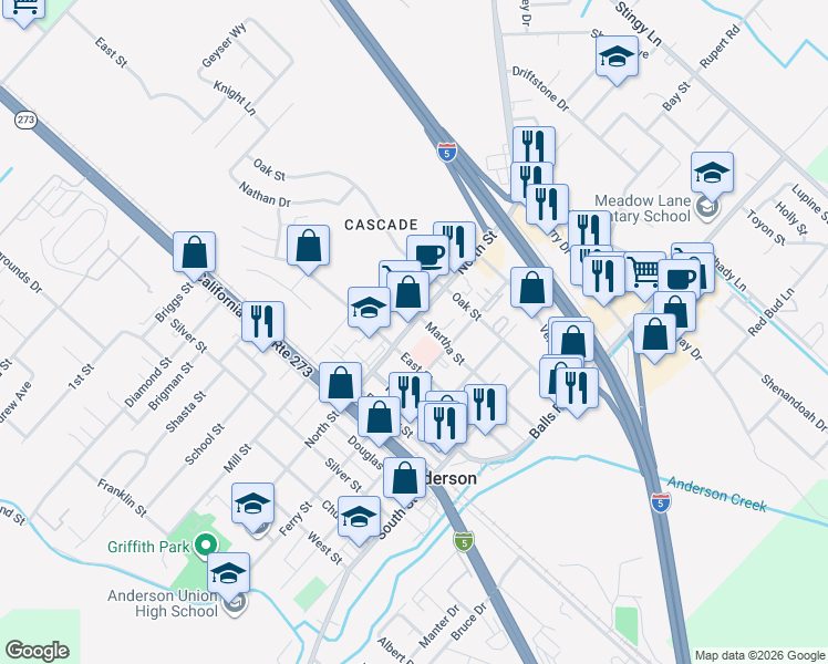 map of restaurants, bars, coffee shops, grocery stores, and more near 2970 Martha Street in Anderson