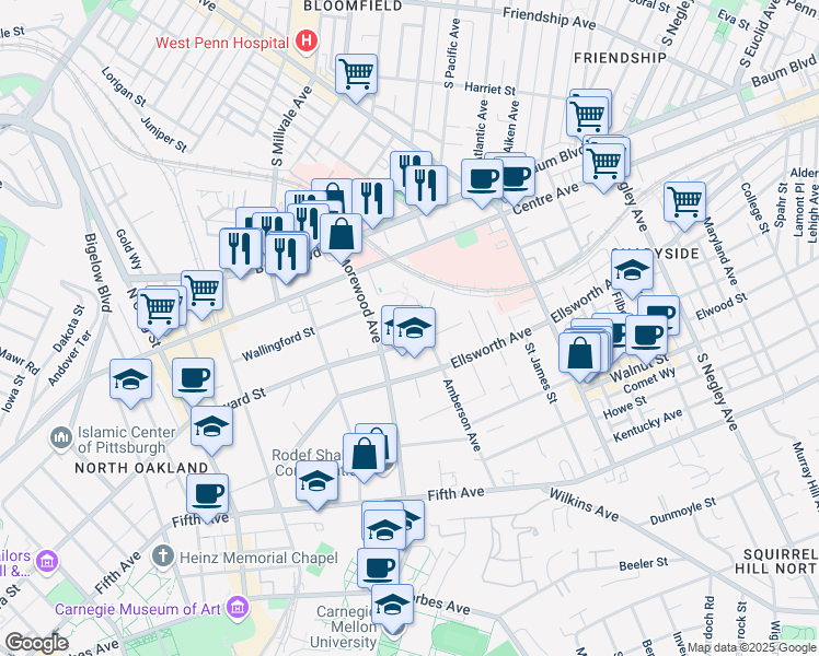 map of restaurants, bars, coffee shops, grocery stores, and more near 5023 Bayard Street in Pittsburgh