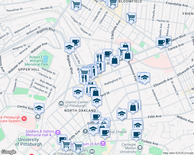map of restaurants, bars, coffee shops, grocery stores, and more near Centre Ave & N Neville St in Pittsburgh