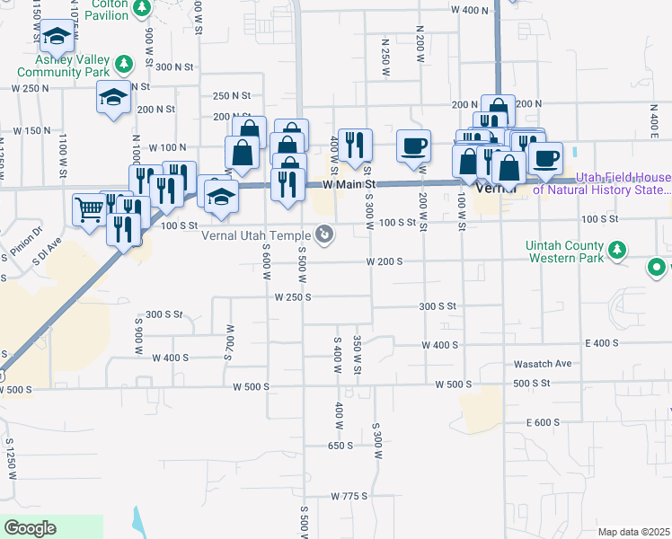 map of restaurants, bars, coffee shops, grocery stores, and more near 401 West 200 South in Vernal