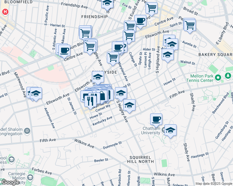map of restaurants, bars, coffee shops, grocery stores, and more near in Pittsburgh