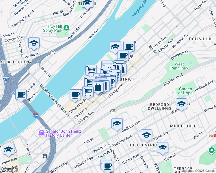 map of restaurants, bars, coffee shops, grocery stores, and more near 2209 Penn Avenue in Pittsburgh