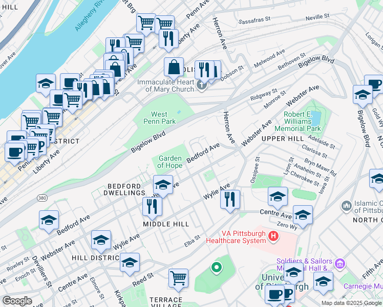 map of restaurants, bars, coffee shops, grocery stores, and more near 2851 Bedford Avenue in Pittsburgh