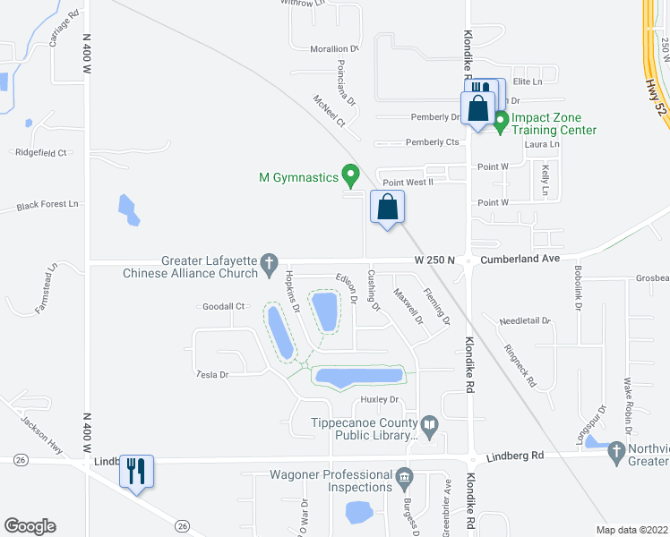 map of restaurants, bars, coffee shops, grocery stores, and more near 3350 Edison Drive in West Lafayette