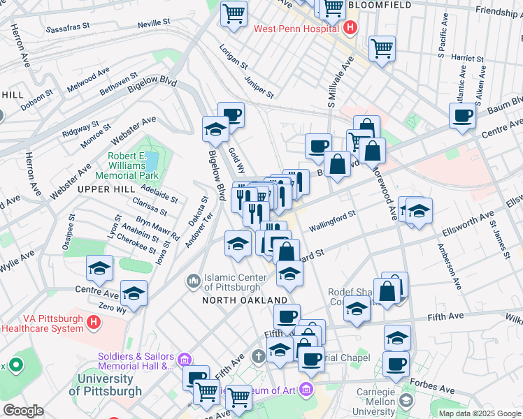map of restaurants, bars, coffee shops, grocery stores, and more near Truro Place in Pittsburgh
