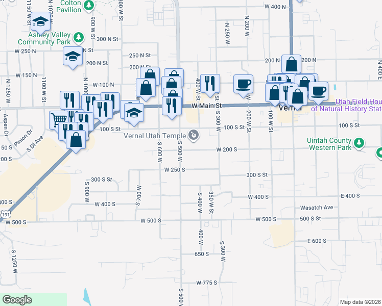 map of restaurants, bars, coffee shops, grocery stores, and more near 247 South 500 West in Vernal