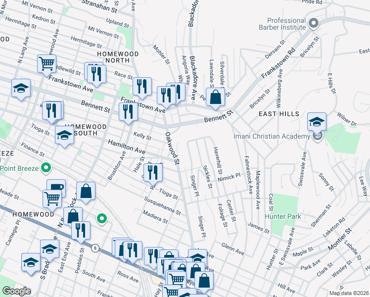 map of restaurants, bars, coffee shops, grocery stores, and more near 631 Singer Place in Pittsburgh