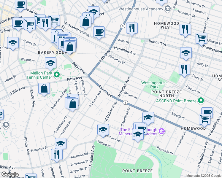 map of restaurants, bars, coffee shops, grocery stores, and more near 6829 Pennsylvania 8 in Pittsburgh