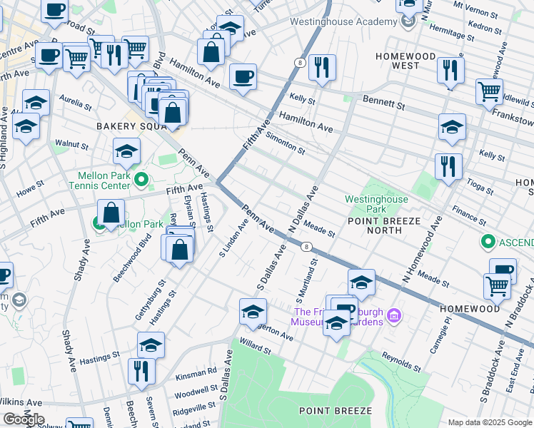map of restaurants, bars, coffee shops, grocery stores, and more near 6829 Pennsylvania 8 in Pittsburgh