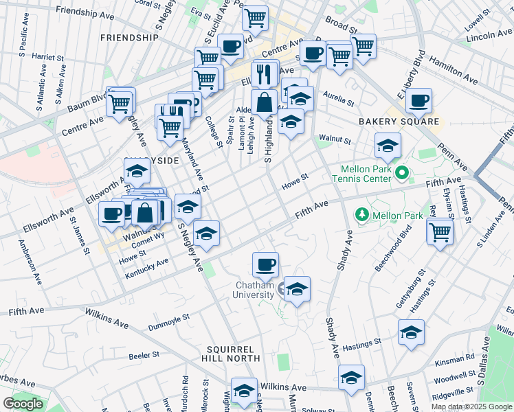 map of restaurants, bars, coffee shops, grocery stores, and more near 921 College Street in Pittsburgh